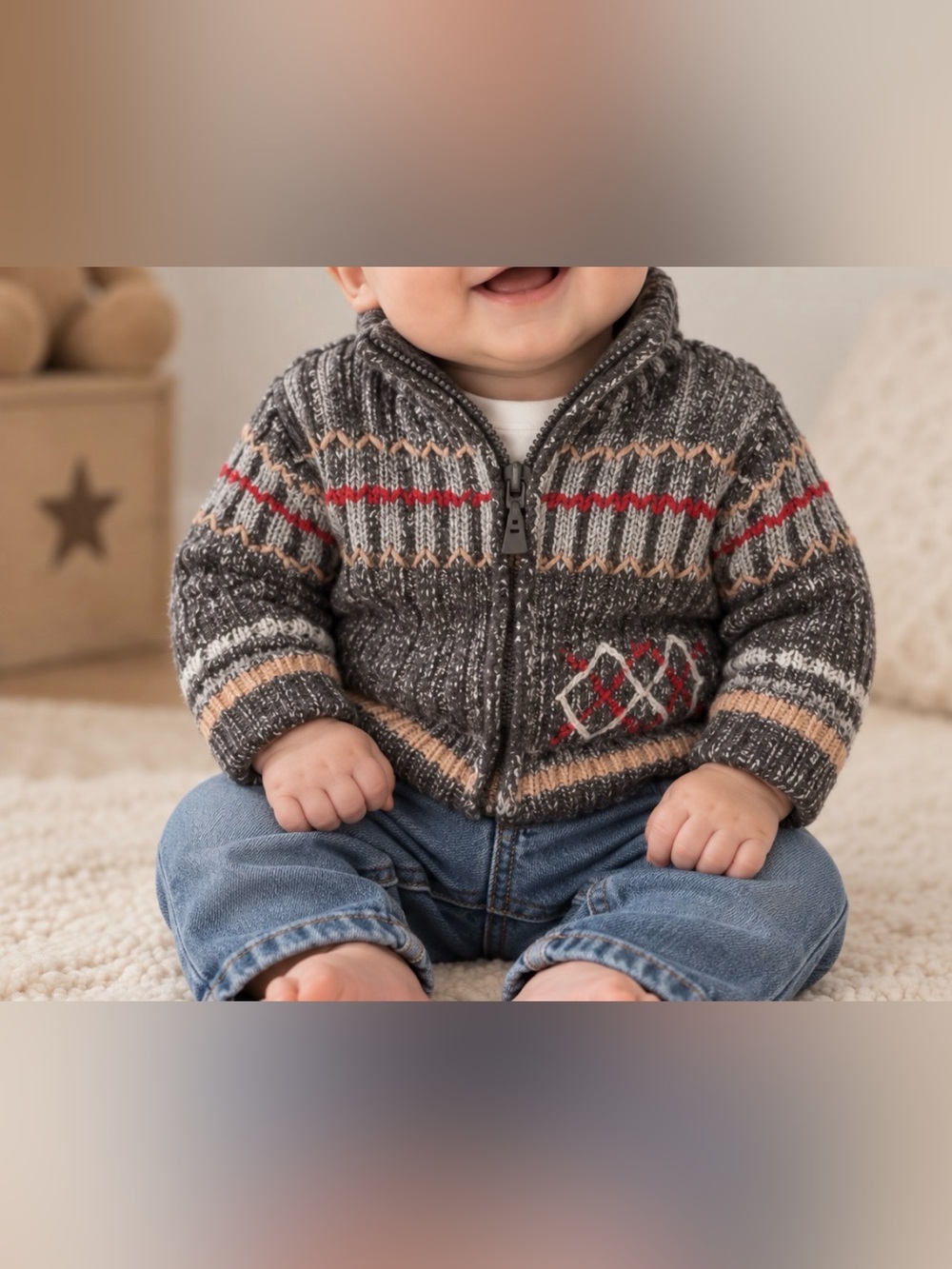 Mini Muffin Baby Boy Gray Fair Isle Zip Cardigan Sweater 100% Cotton 0-6 month